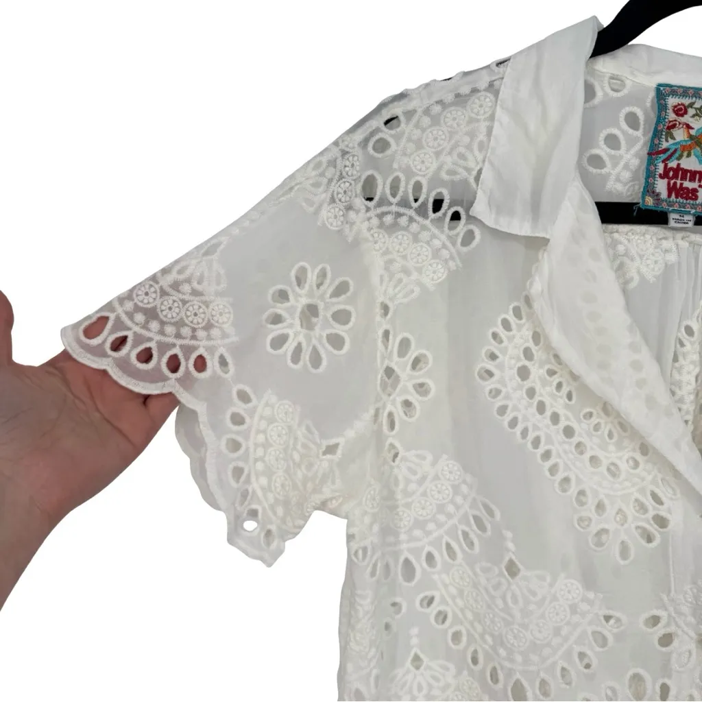 Johnny Was Marietta Short Sleeve Eyelet Button Down Shirt White Medium Spring - Image 7