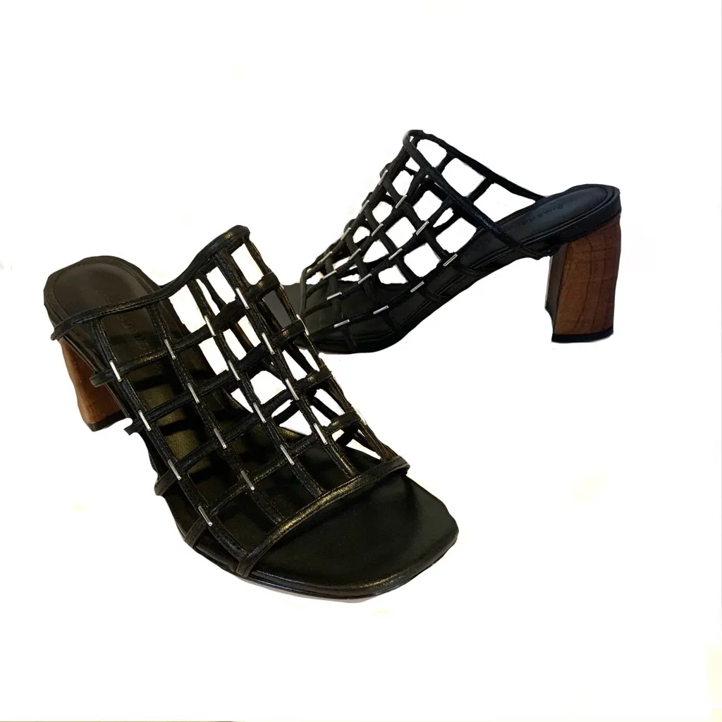 SIGERSON MORRISON BLACK LEATHER "DAINA" CAGED SLIDE BLOCK HEEL SHOES (36.5) Size 6.5 - Image 8