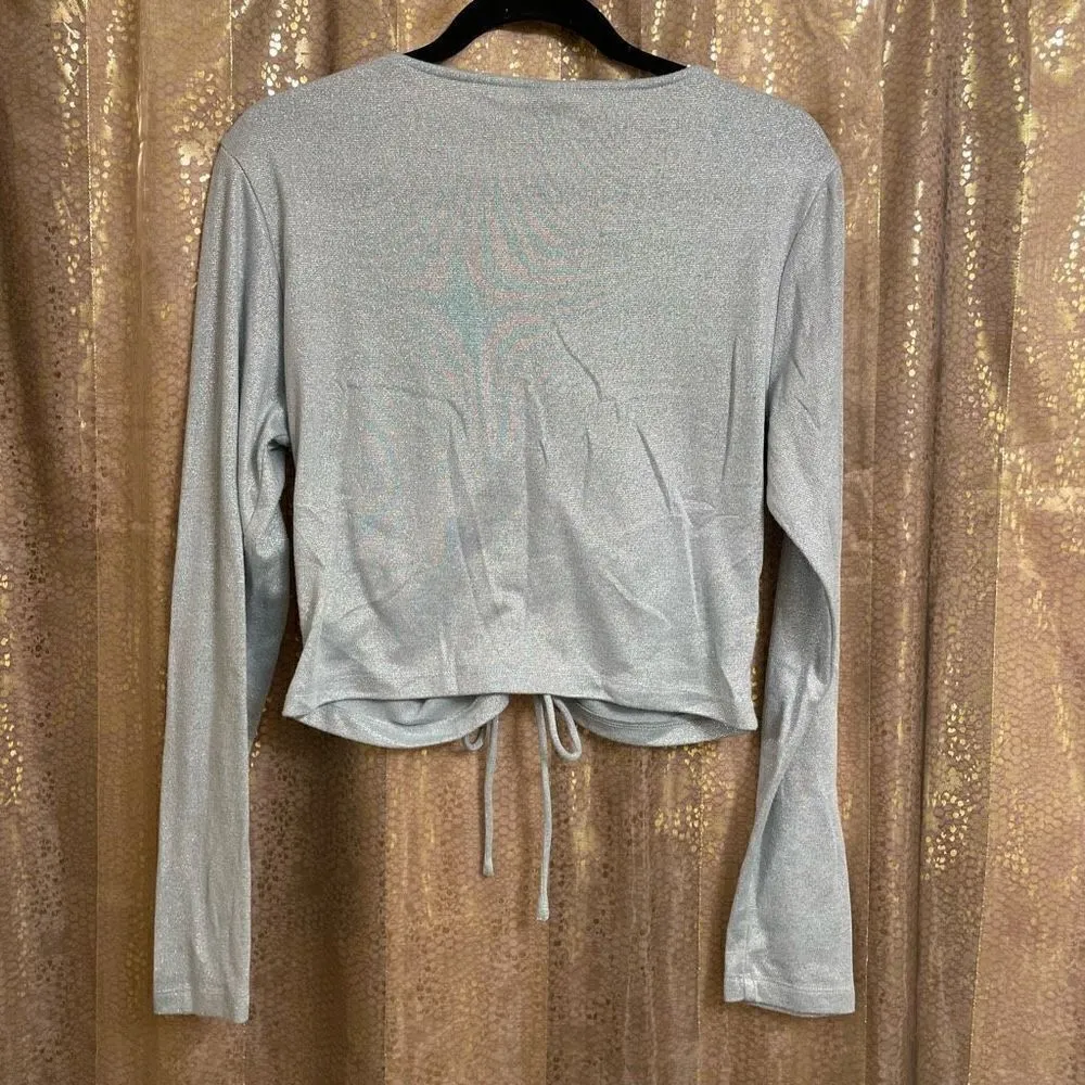 Wild Fable Women’s XL Metallic Silver V Neck Tie Long Sleeve Top Shirt Stretch - Image 2