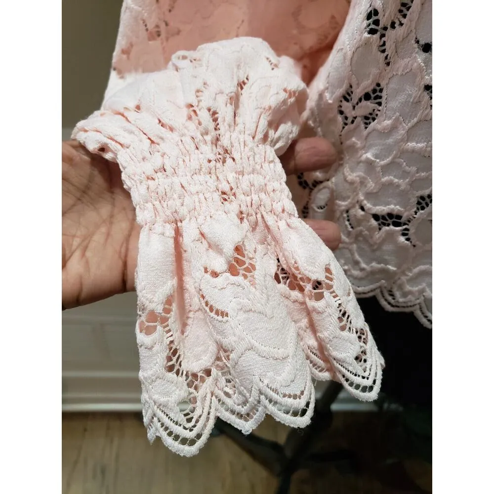 Free People Olivia Romantic Pink Lace Round Neck Flare Sleeve Blouse Size XS - Image 5