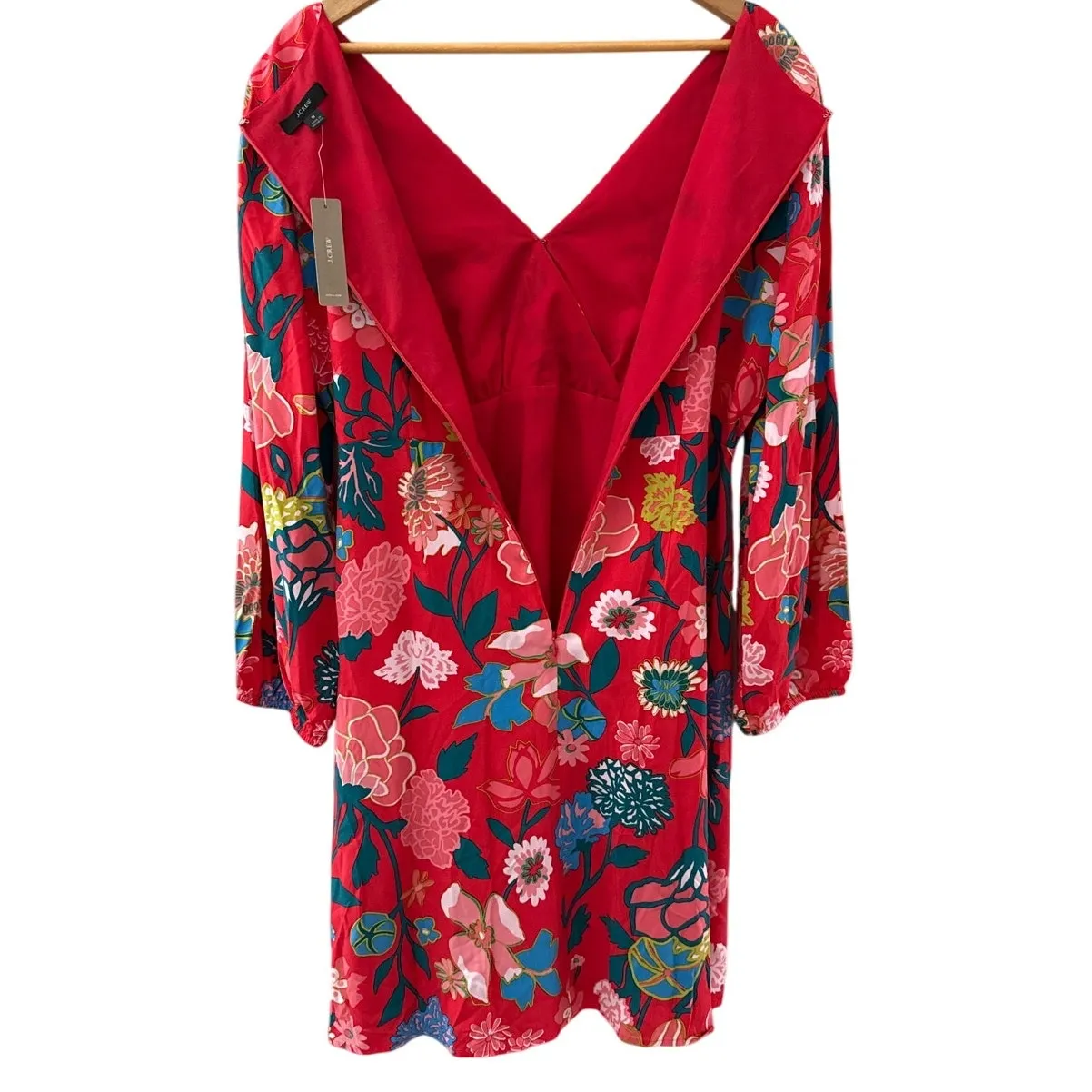 J. Crew Retro-Vibe Floral V-Neck Long Sleeve Red & Blue Mini Dress‎ Size 8 - Image 8