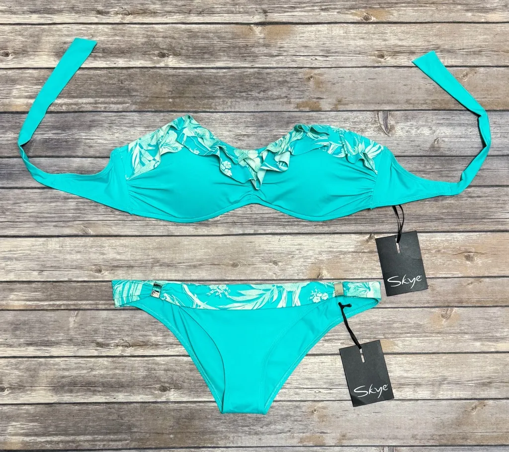 Skye Turquoise Blue Green Ivory Coastal Bandeau Molded Cup Tropical Bikini XL - Image 1