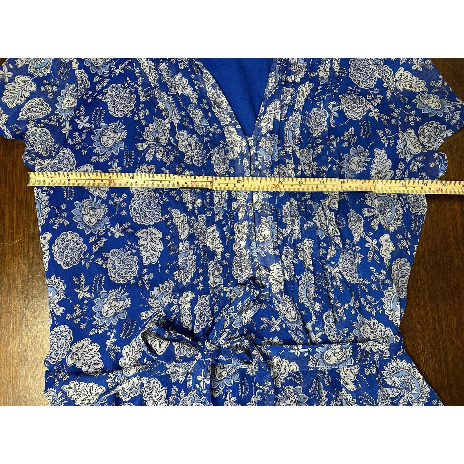 Cottage Core MSK Dress Women's 18 Floral Ruffled Faux Wrap Tie Waist Sheer Lined Blue - Image 4