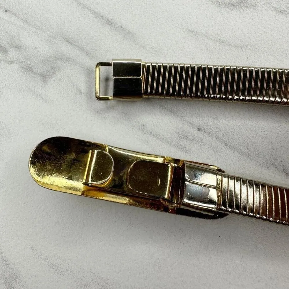 Vintage Bar Buckle Gold Tone Coil Stretch Cinch Belt Size XS Small S - Image 7