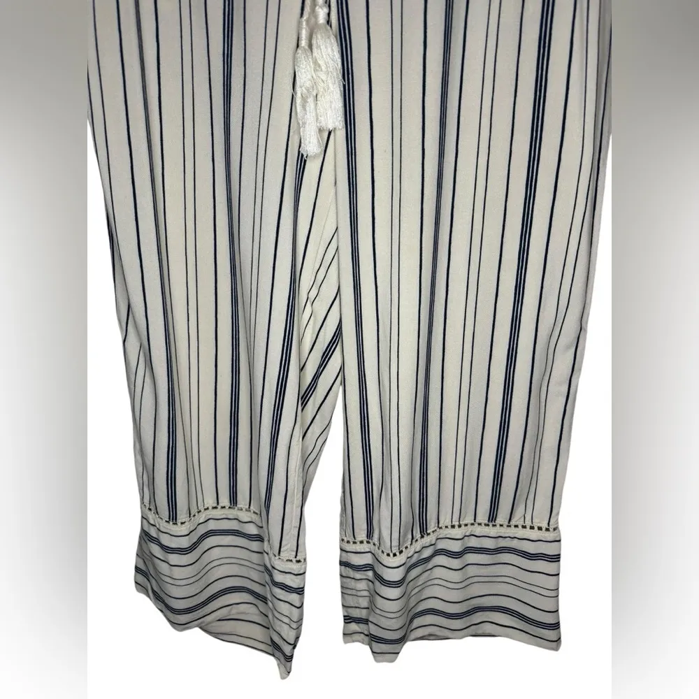Soft Surroundings Wide Leg Cropped Tassel Tie Pants Size PS Ivory Navy Striped - Image 3