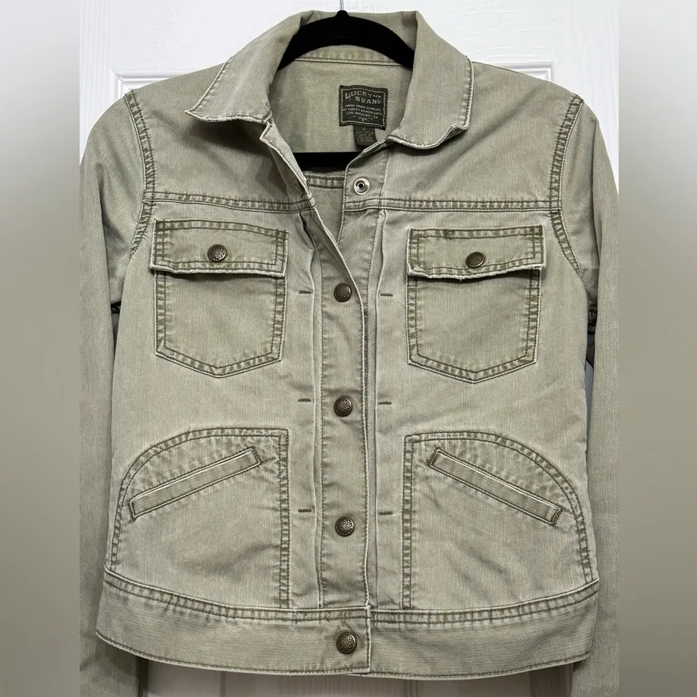 Lucky Brand Denim Utility Jacket Boho Military Army Green Bohemian 100% cotton - Image 2