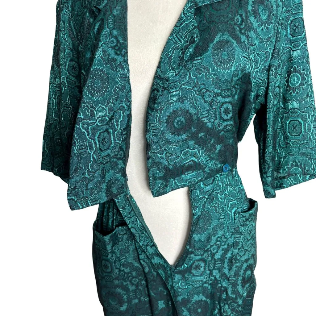 Vintage 90s All That Jazz Satin Wrap Dress XSmall Teal Black Belted Pockets - Image 4