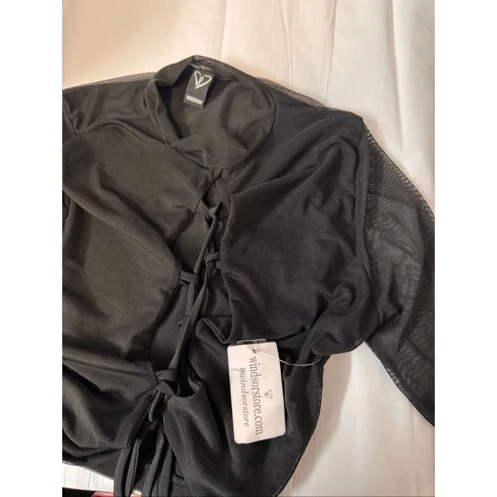 Windsor Black Mesh Long Sleeve Tie Front Crop Top Size M - Image 9