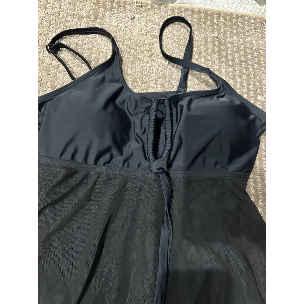 Womens Black Mesh Overlay Swimsuit Large Adjustable Straps & Ruched Front Design - Image 2