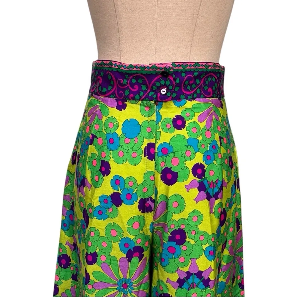 Vintage Alex Coleman 70s Floral Wide Leg High Waist Pants Size 6 Green - Image 7