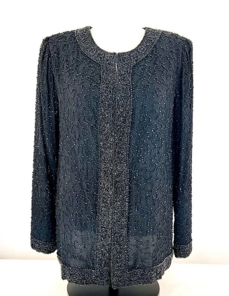 Vintage Laurence Kazar Black Sill Beaded Formal Jacket size Medium - Image 7