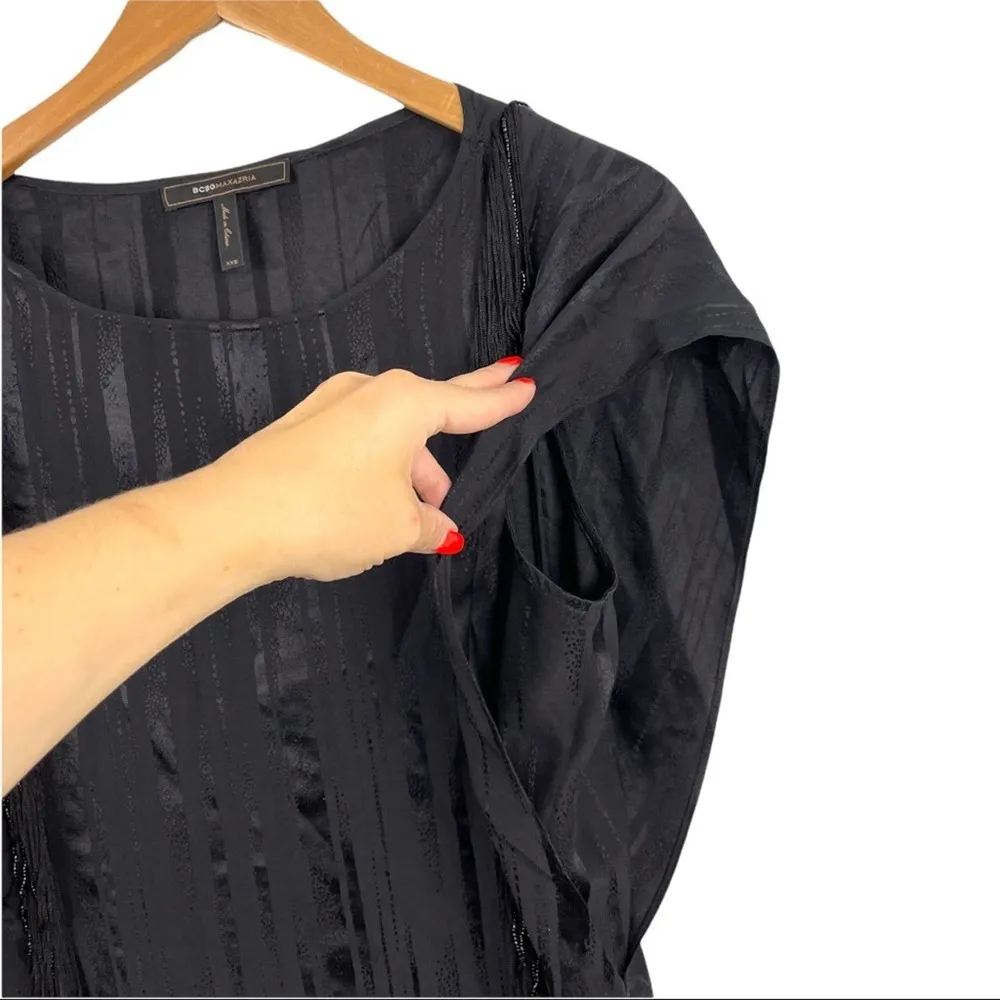 BCBGMAXAZRIA Black Silk Ruffle Blouse Top Beaded Fringe with Shinny Stripes  XXS - Image 6