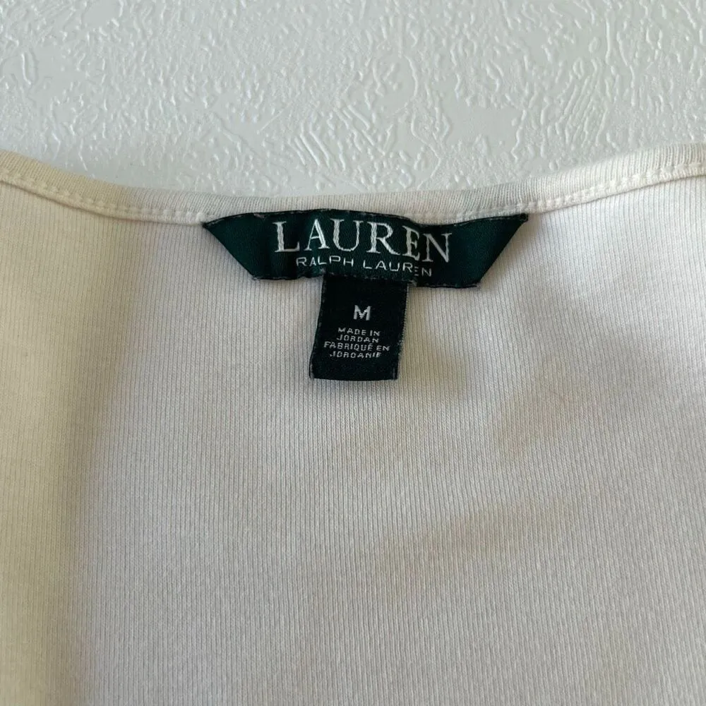 Lauren Ralph Lauren Cream Embellished Scoop Neck Top | 3/4 Sleeve | Size Medium - Image 5
