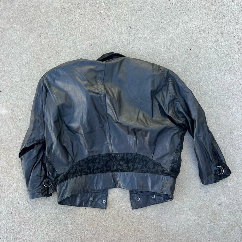 Vintage 80s Now Next genuine leather black Moto bomber batwing jacket SMALL - Image 2