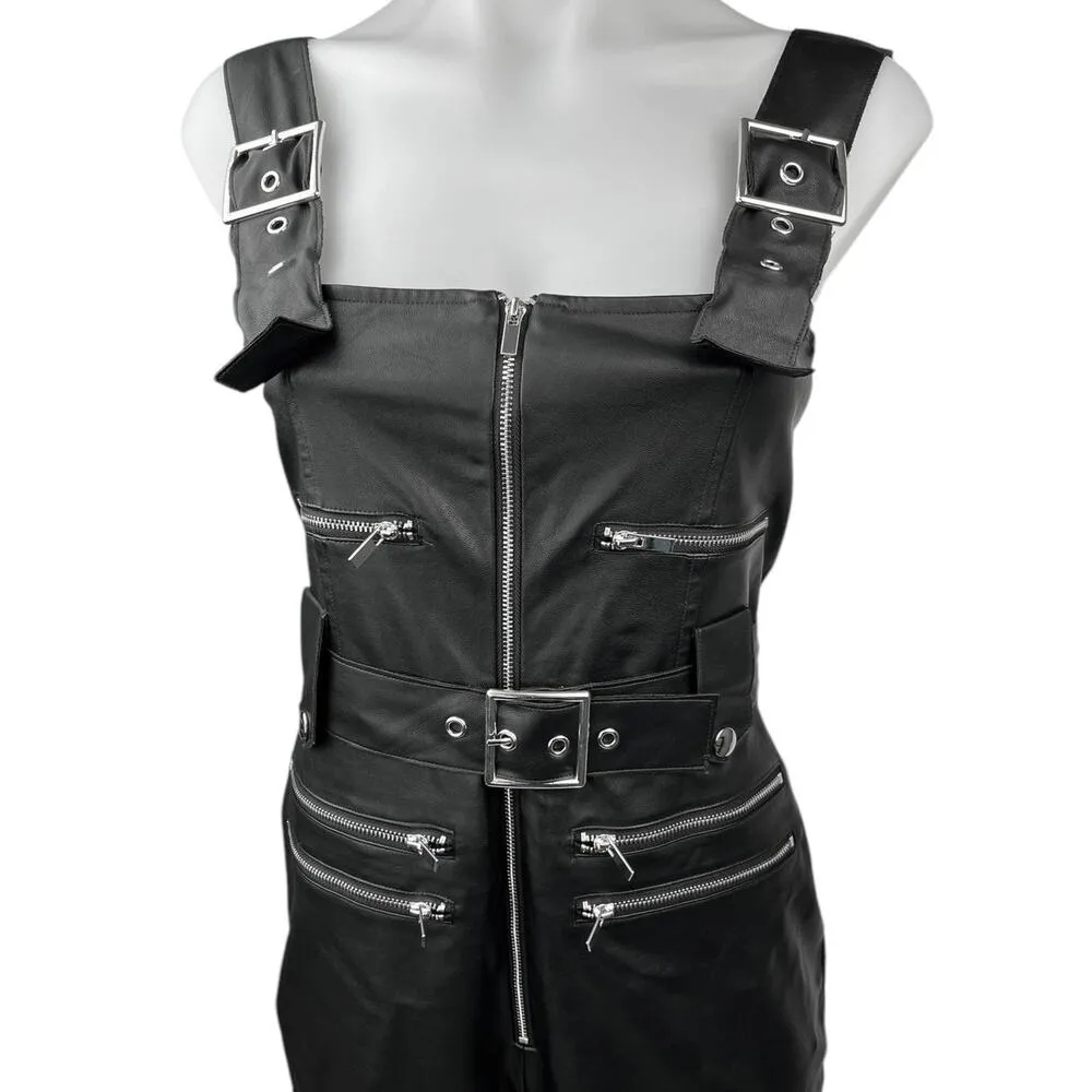 WeWoreWhat Black Faux Vegan Leather Zip Up Belted Moto Jumpsuit Overalls Size S - Image 3