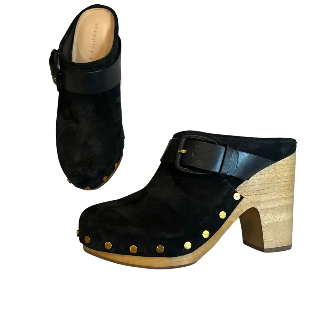 NWOT, Veronica Beard Dacey Black Suede Wooden Platform Clog, Gold Studs, Sz 6.5 - Image 3