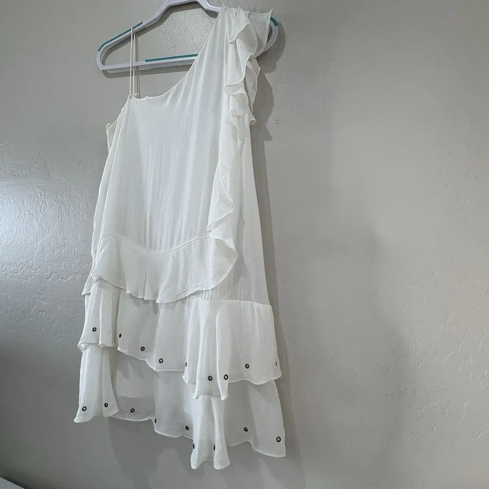 Zara Trafaluc Ivory One Shoulder Tiered Asymmetrical Metal Embellishment Dress S - Image 5