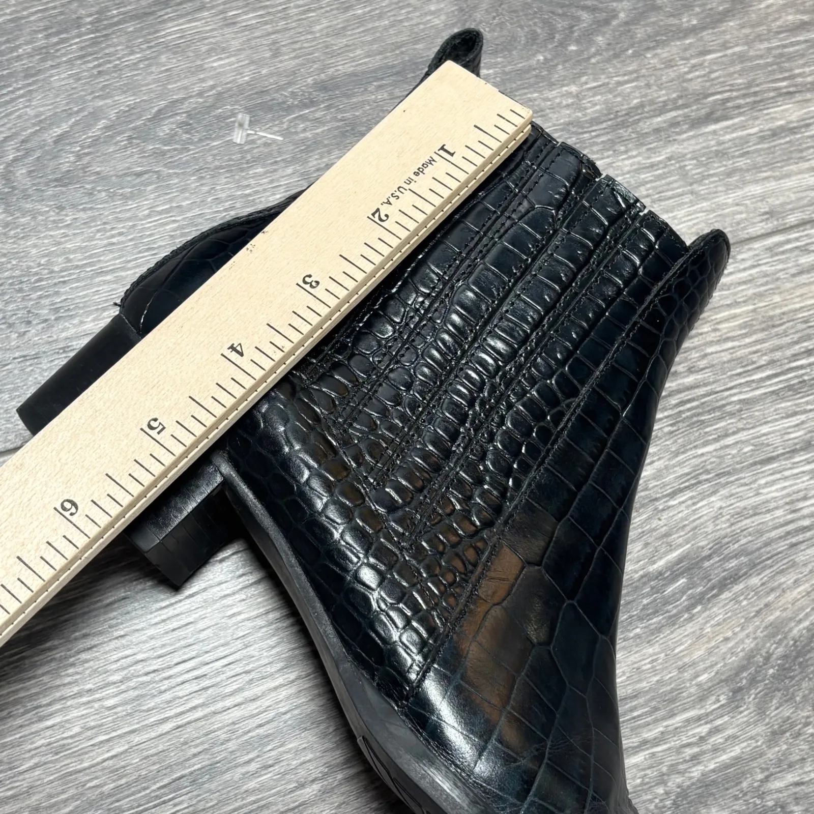 Trotters Black Croc Embossed Booties Square Toe Side Zip Block Heel Size 5M - Image 11