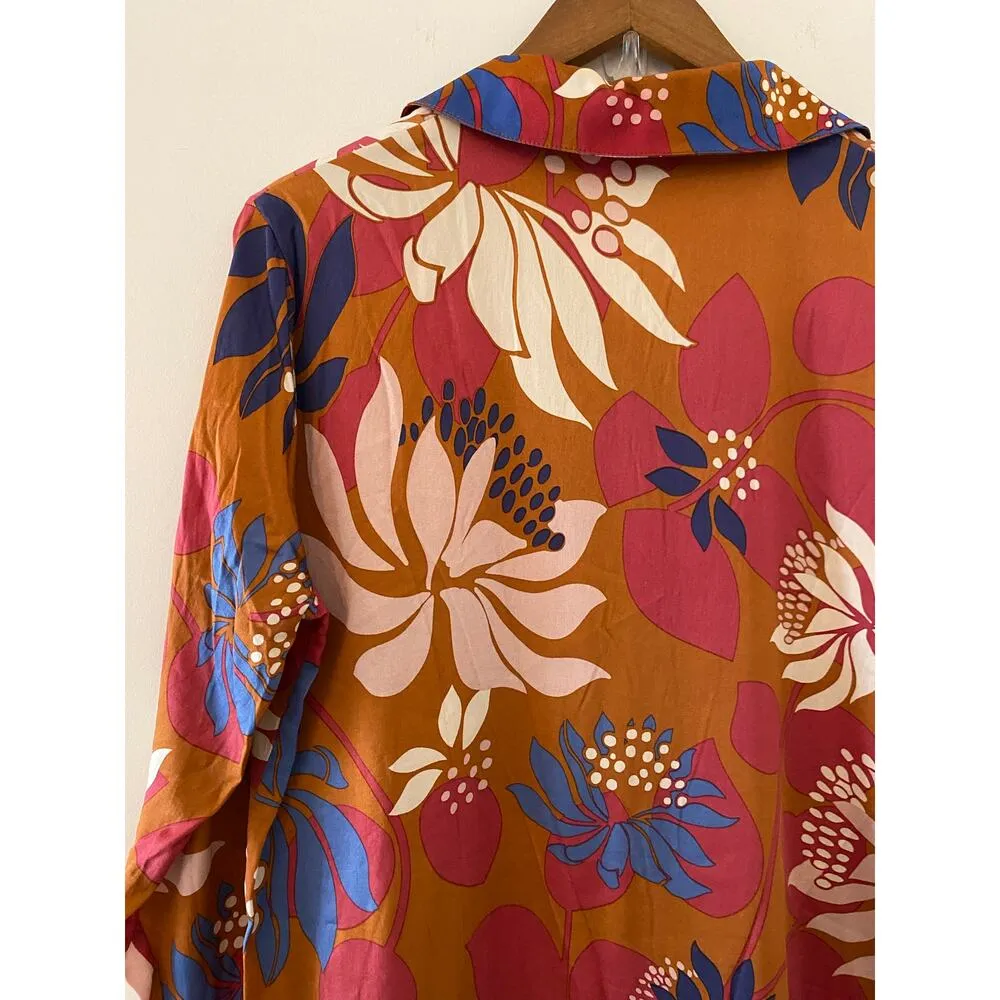 Laurence Tavernier French L Collared Sleep Shirt Dress Floral Burnt Orange EUC Size L - Image 9
