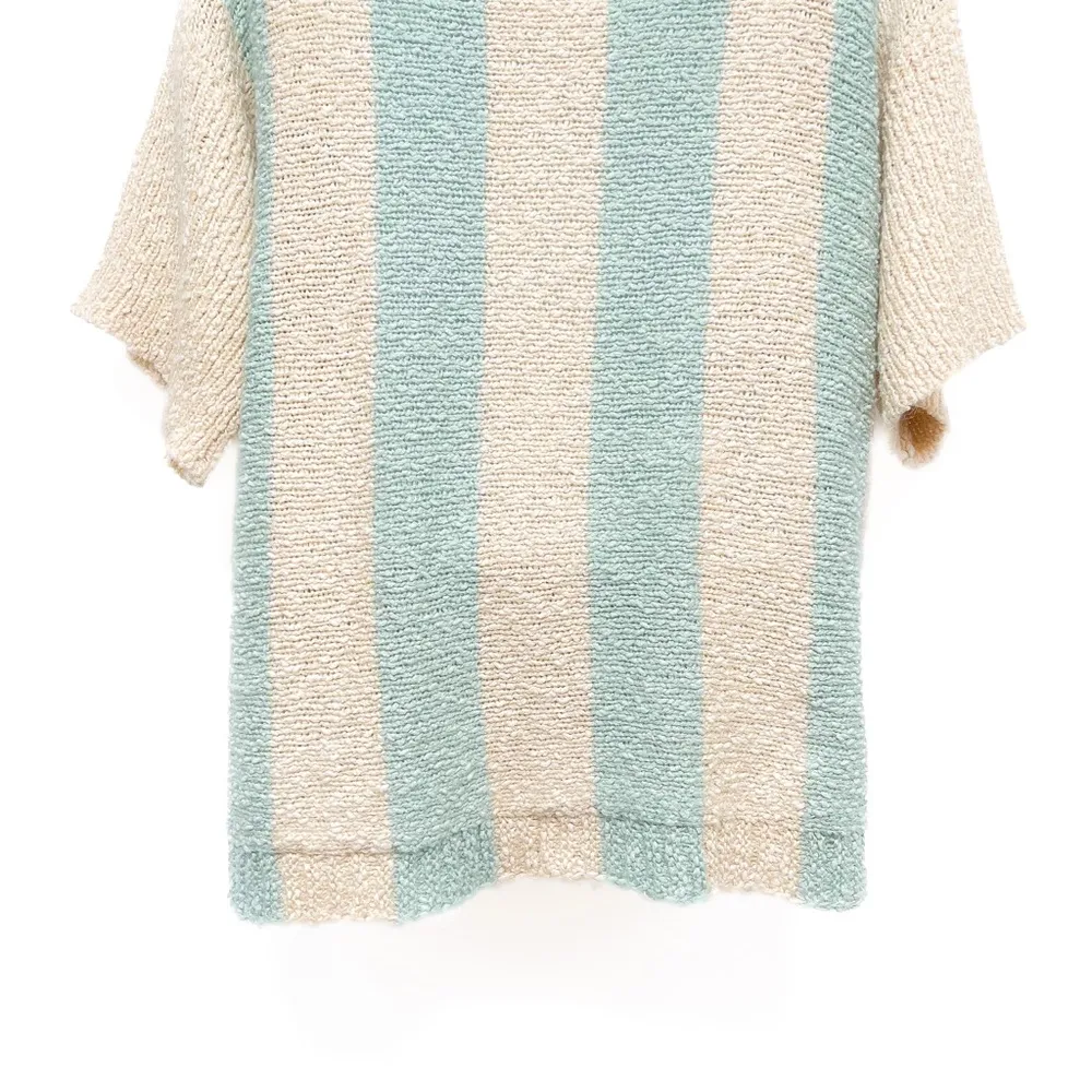 Loose Knit Vertical Striped Relaxed Fit Textured Sweater Knit Top Aqua Tan - Image 7
