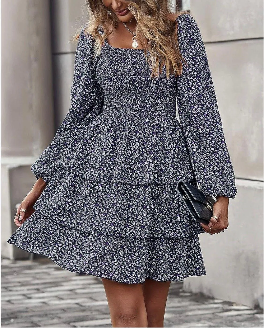 Long Sleeve Navy Floral Dress - Image 2