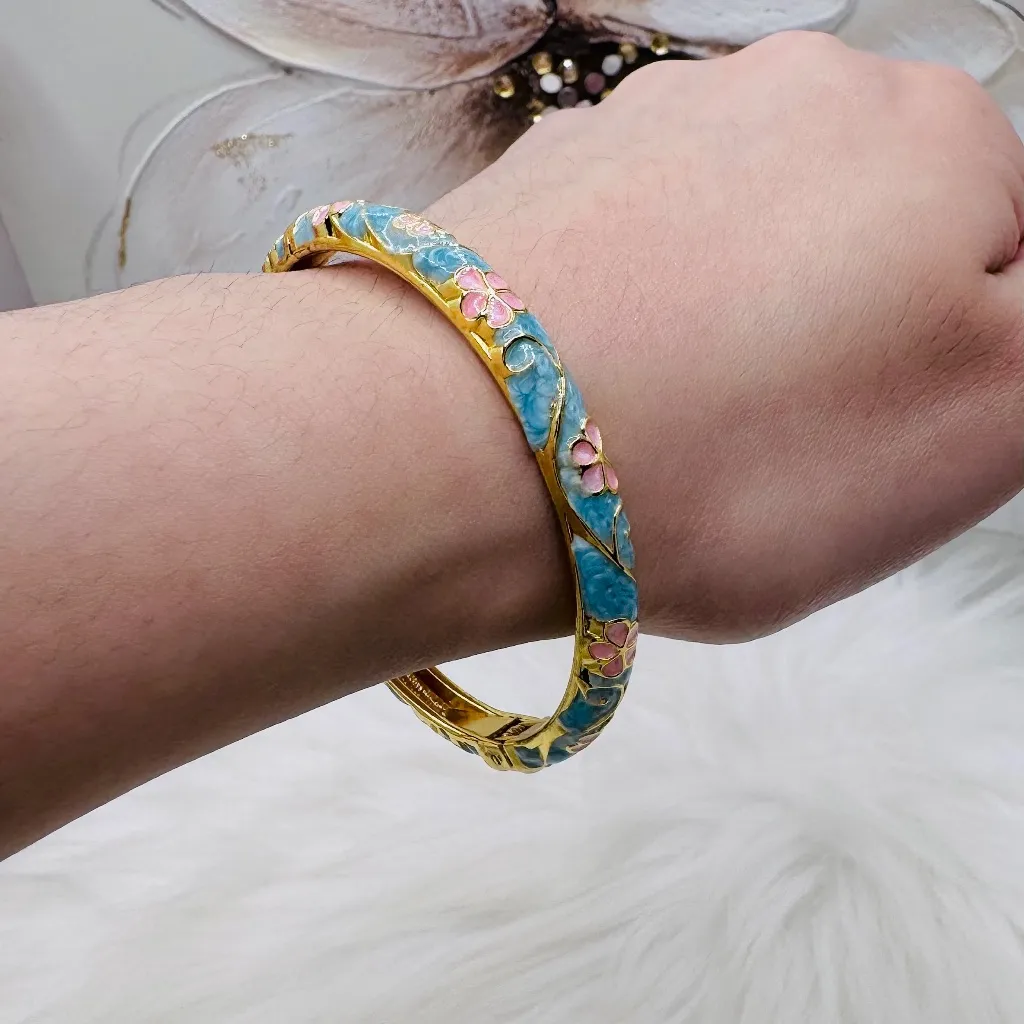 Cotton Candy Blue & Pink Flower Enamel Cloisonne Bracelet Bangle - Image 6