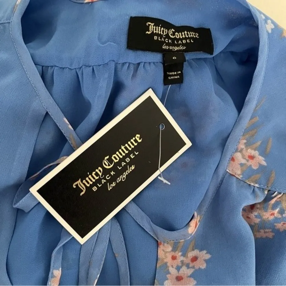 JUICY COUTURE Black Label Bouquet Floral Flirty Dress Blue Faux Wrap Size 6 NEW - Image 6