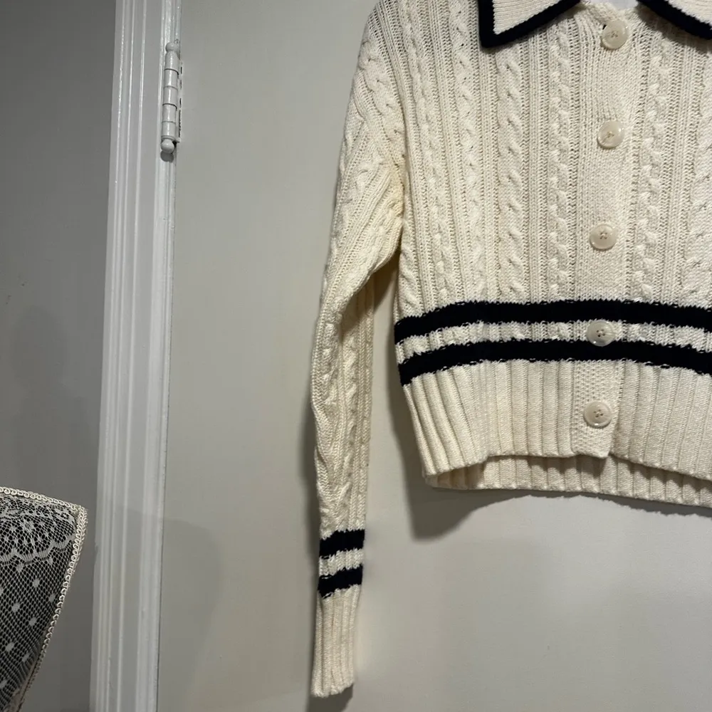 NWT Pink Rose Preppy Cream & Navy  Cable Knit Collared Cardigan. Ribbed Hem XS. - Image 9