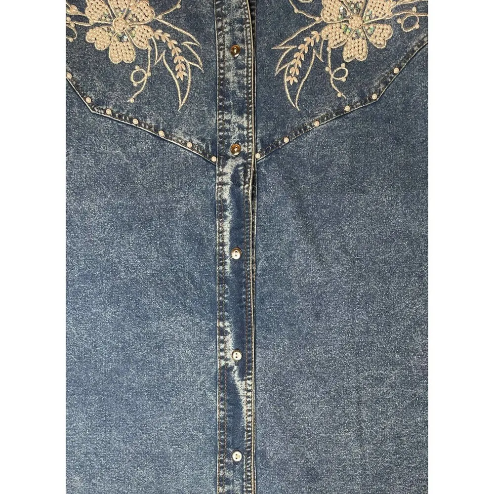 Vintage 80s Pretty Bleu Womens Stonewashed Denim Pearl Embellished Jean Shirt M Blue Size M - Image 2