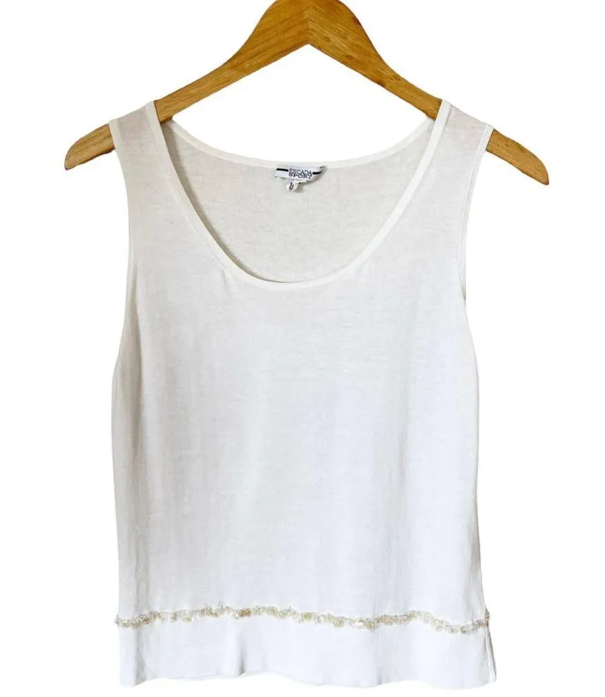 ESCADA SPORT Knit Tank White Sequins Trim Cotton Scoop Neck Sleeveless Medium - Image 2