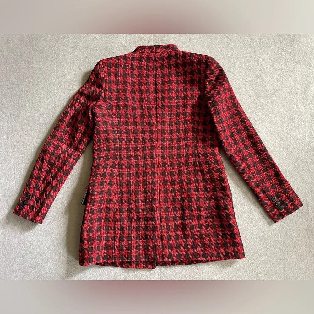 Bar III Womens Size 2 Red Black Houndstooth Print Button Up Coat Jacket DC32 - Image 2