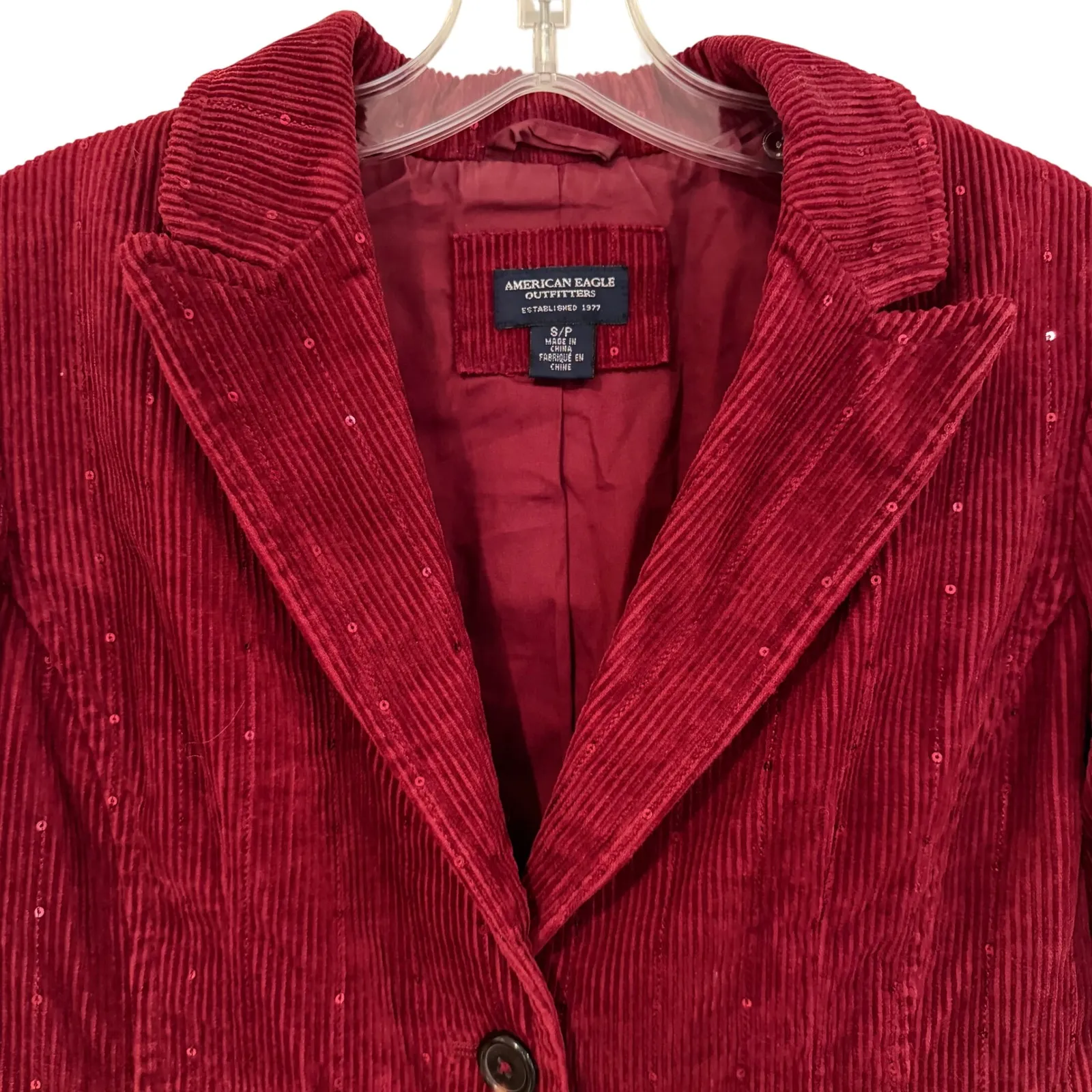 American Eagle‎ Vintage Corduroy Sequin Blazer Women's Small Burgundy Y2K Preppy - Image 2