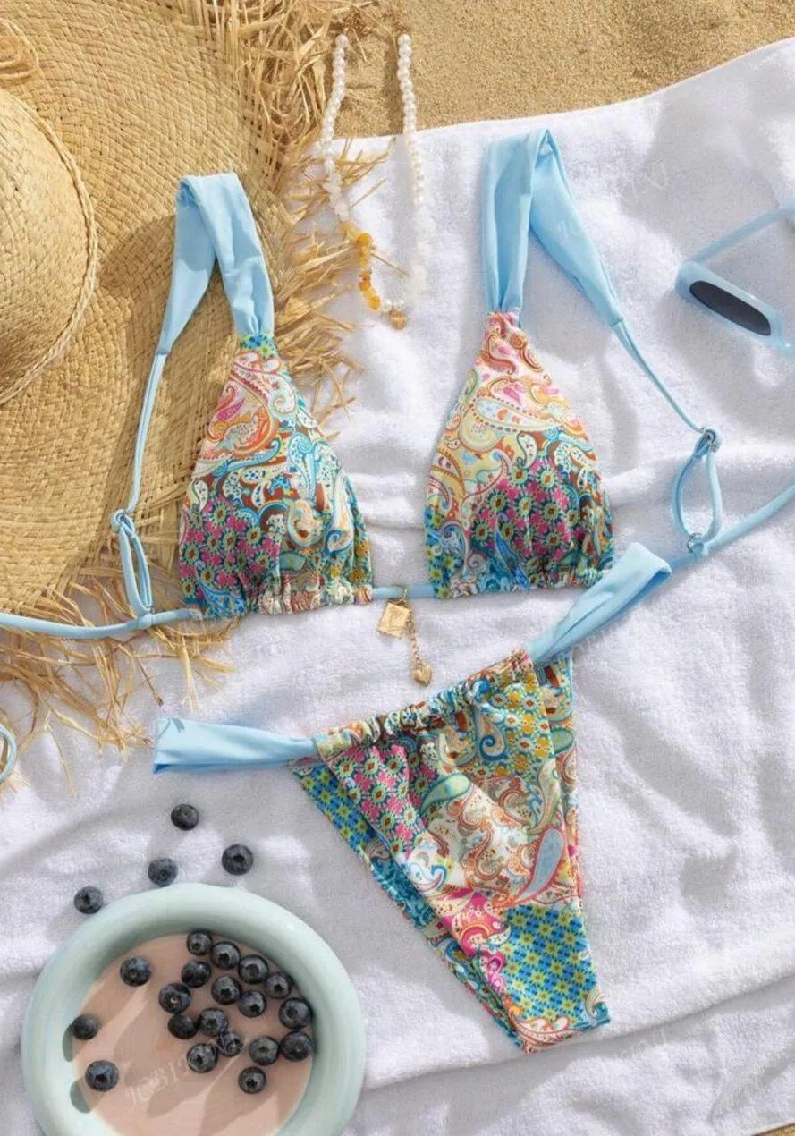 Alix Earle Blue Pink Multicolor Tribal Print Patten Bikini Swim Set - Image 7