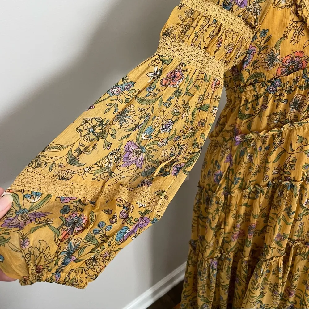 Free People Dress Cassis Midi Maxi Floral Lace Tiered Lined Boho Mustard Yellow - Image 8
