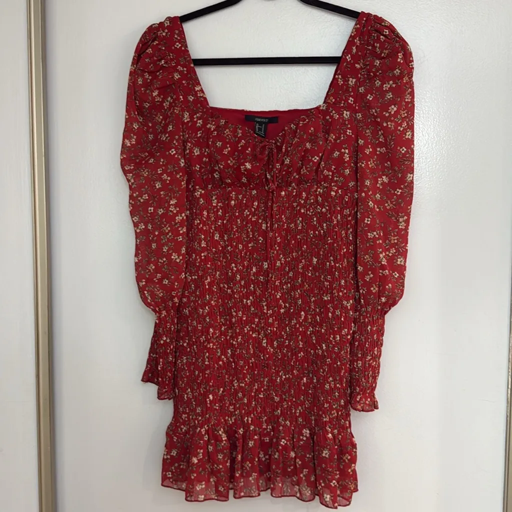 MOVING SALE - Red floral smocked long sleeve ruffle dress - Image 3