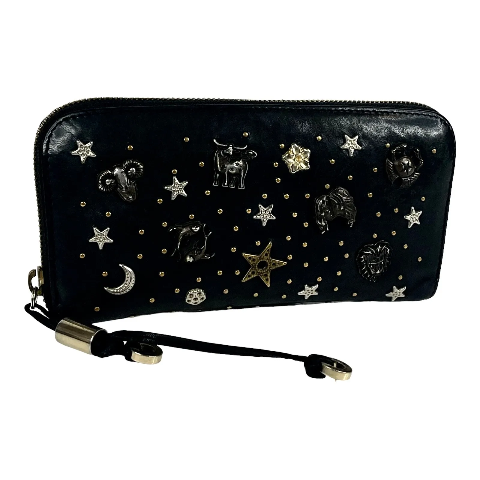 Jimmy Choo Long Wallet Zodiac Studded Zip Black Leather Clutch Purse Authentic - Image 15