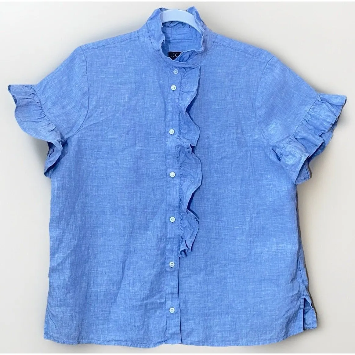 J.Crew Shirt 8 Linen Flutter Sleeve Button Front Top Blouse Preppy Coastal Y2K Blue - Image 1