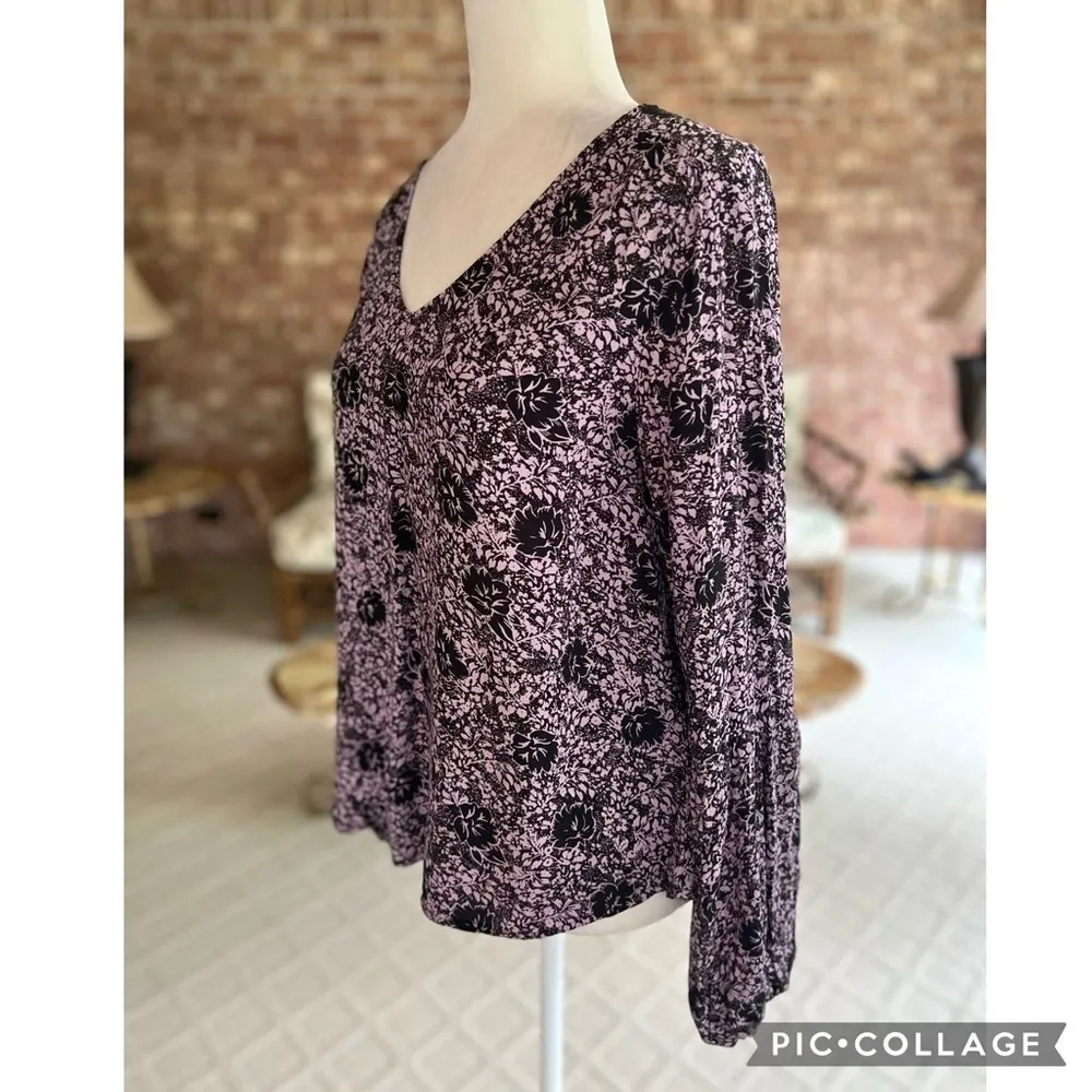 Bp Top Floral Purple Bishop Long Sleeve V-Neck Boho Chic Romantic Brunch Work - Image 7