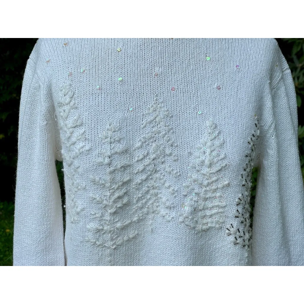 Womens XS Winter White Christmas Tree Sweater Holiday Party Cream Beige - Image 3
