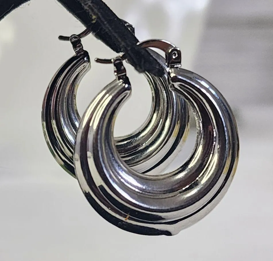 Silver Chunky Hollow Hoop Earrings - Image 4