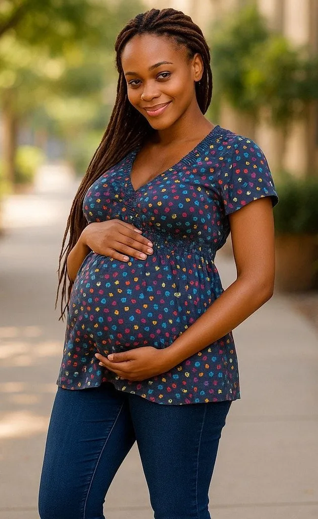 Julie's Closet Womens Top Sz L Maternity Gray Colorful Polka Dots Knit Ruffles - Image 1