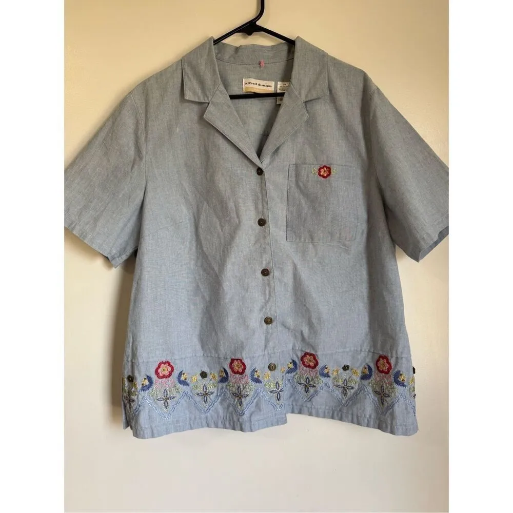 Vintage 90's Alfred Dunner Womens Floral Embroidered Button Shirt sz 16 Boho‎ Blue - Image 3