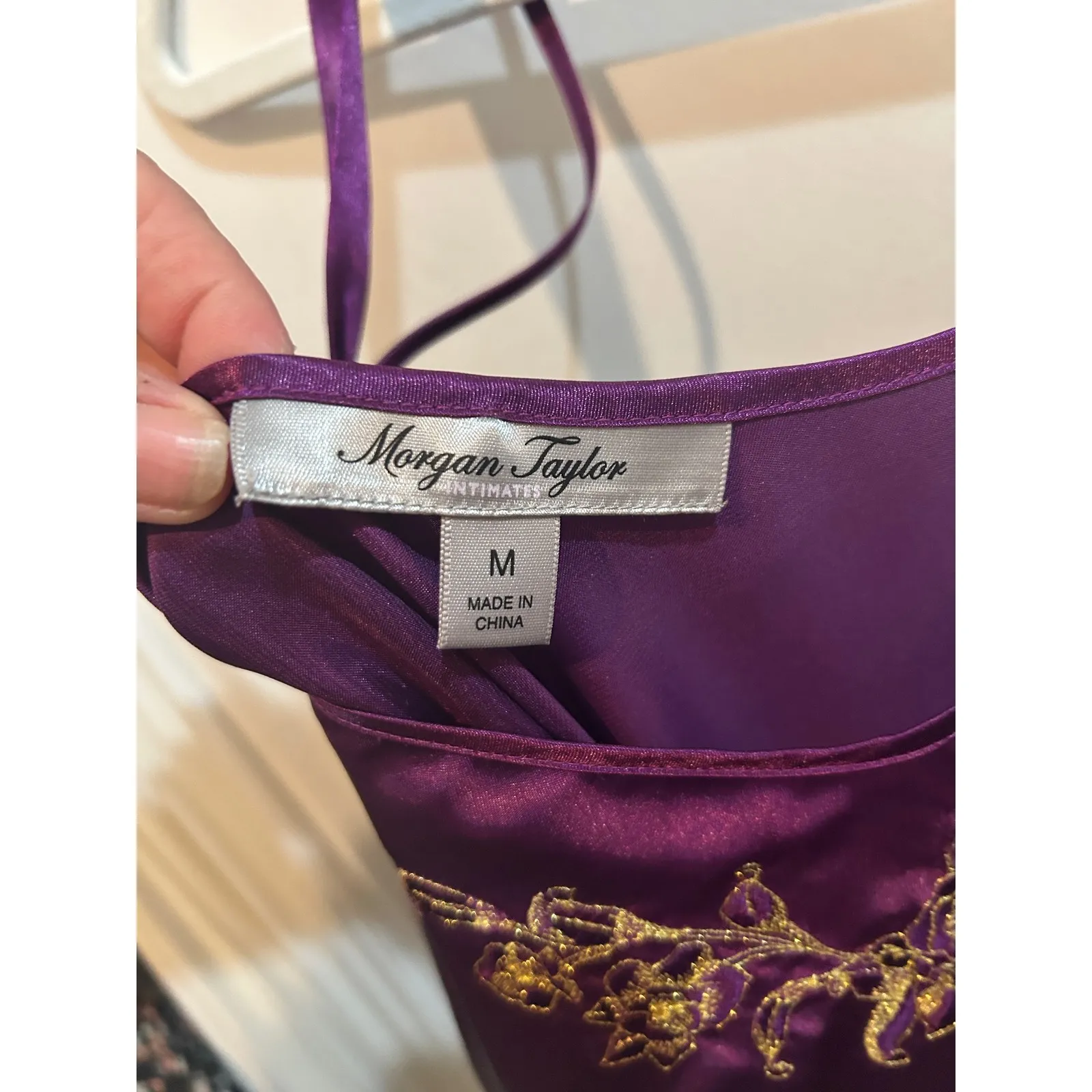 Morgan Taylor Intimates Purple Satin Gold Embroidered Slip Dress Lingerie Medium - Image 4