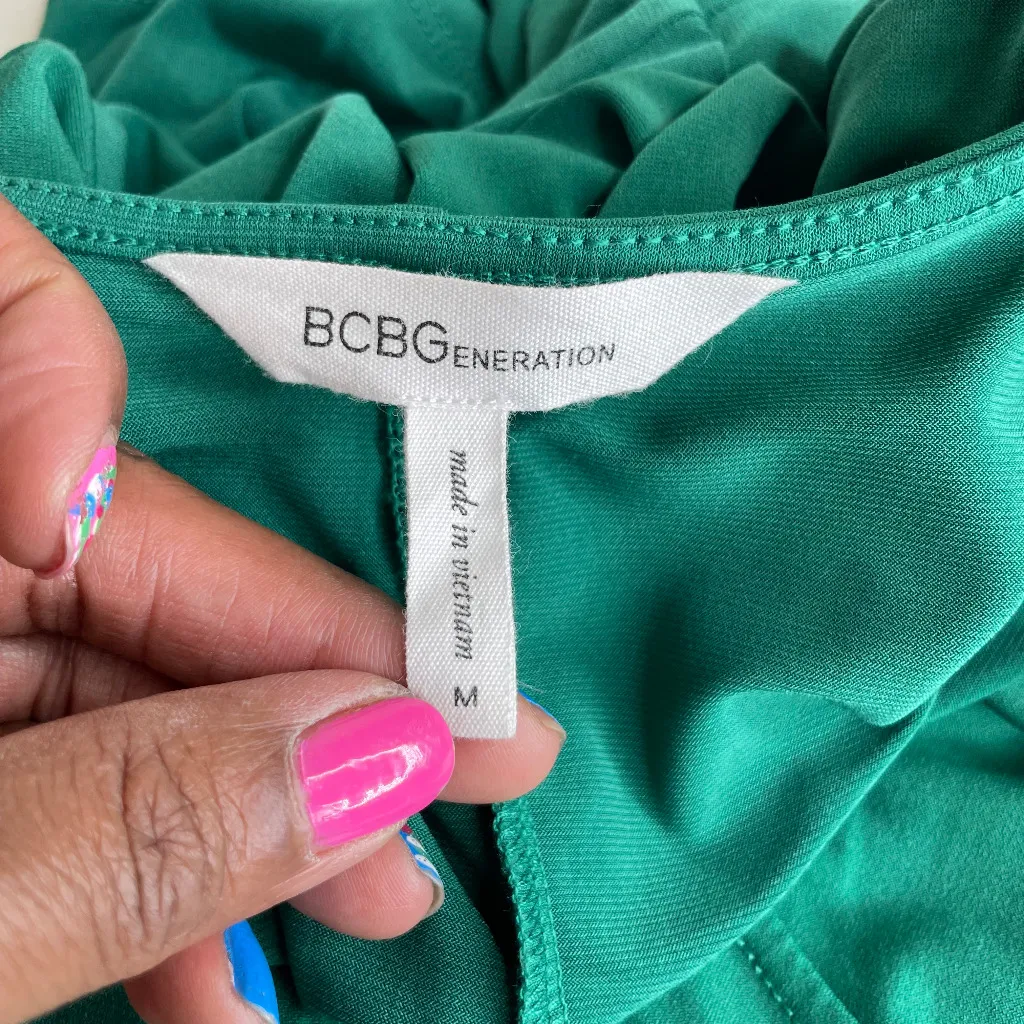 BCBGeneration Green Wrap Tie Ruffled V Neck 3/4 Sleeve Dress Sz Medium Occasion - Image 7