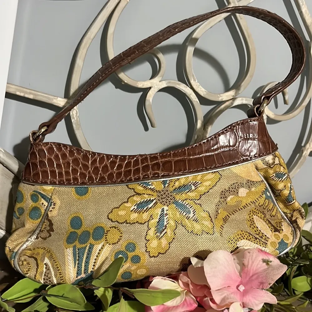 Purse Small Alligator Look Strap Floral Brown Gold Shoulder Bag - Image 11