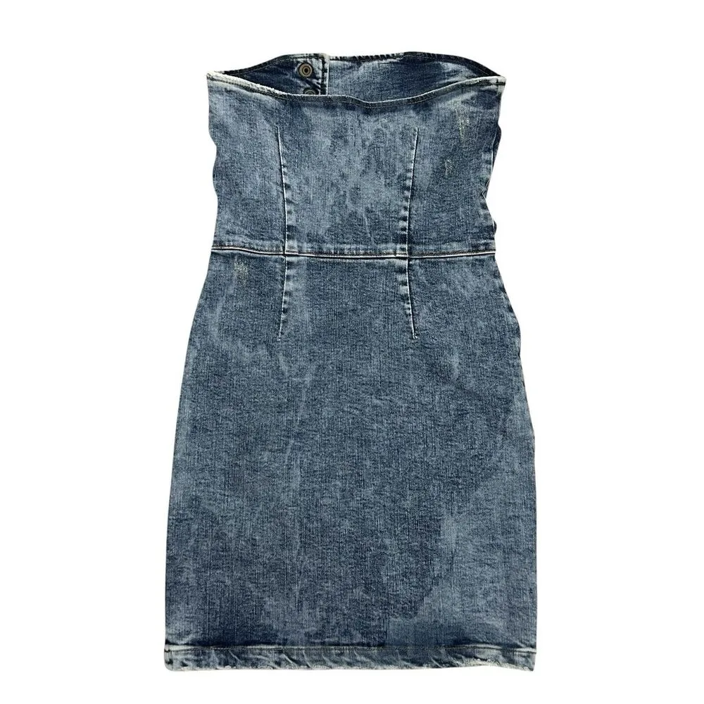 Retrofete Megh Strapless pleated Denim Mini Dress Marble Sky Button Front XS - Image 7