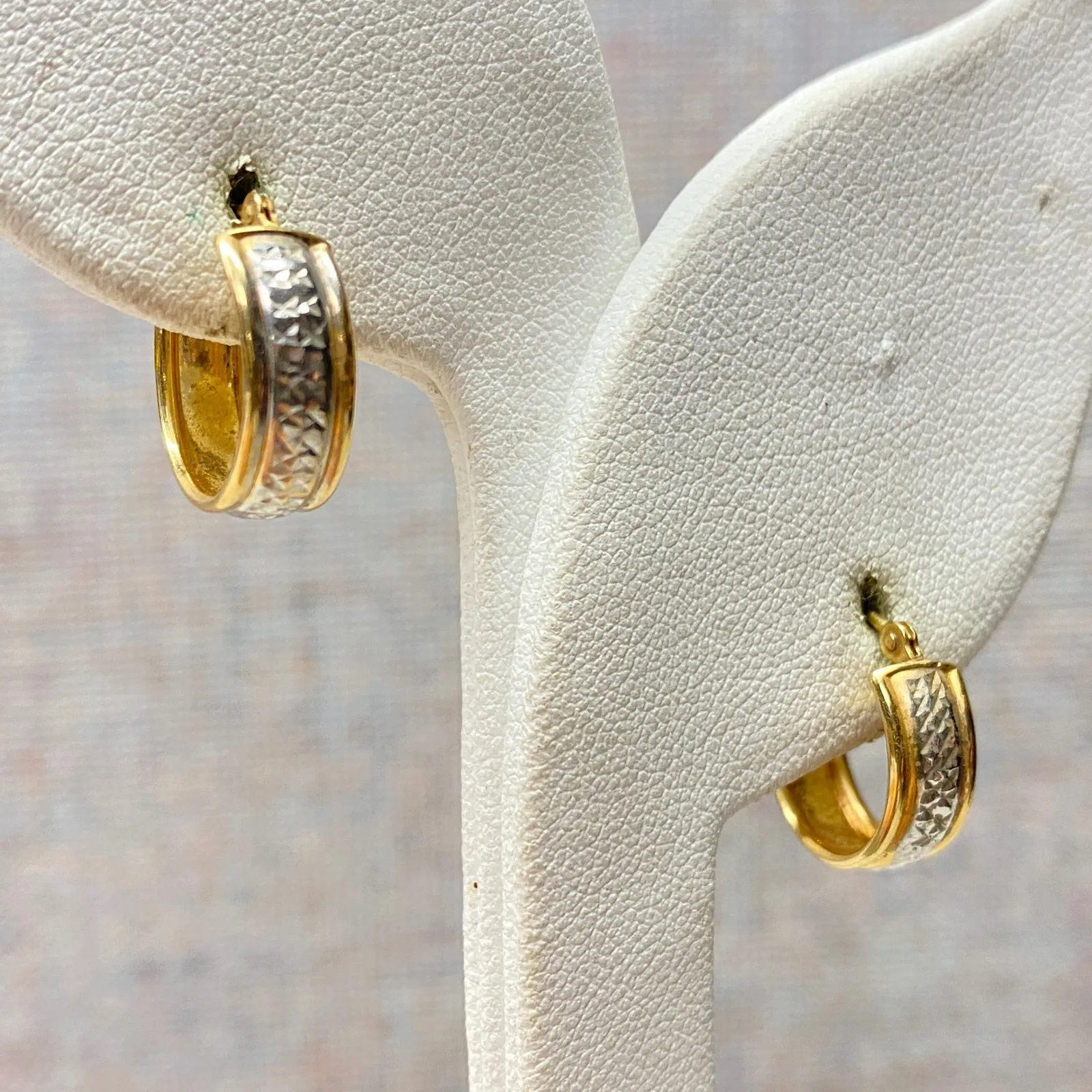Vintage 14K Israel Two Tone Diamond Cut Hoop Earrings Elegance Feminine Gold - Image 2