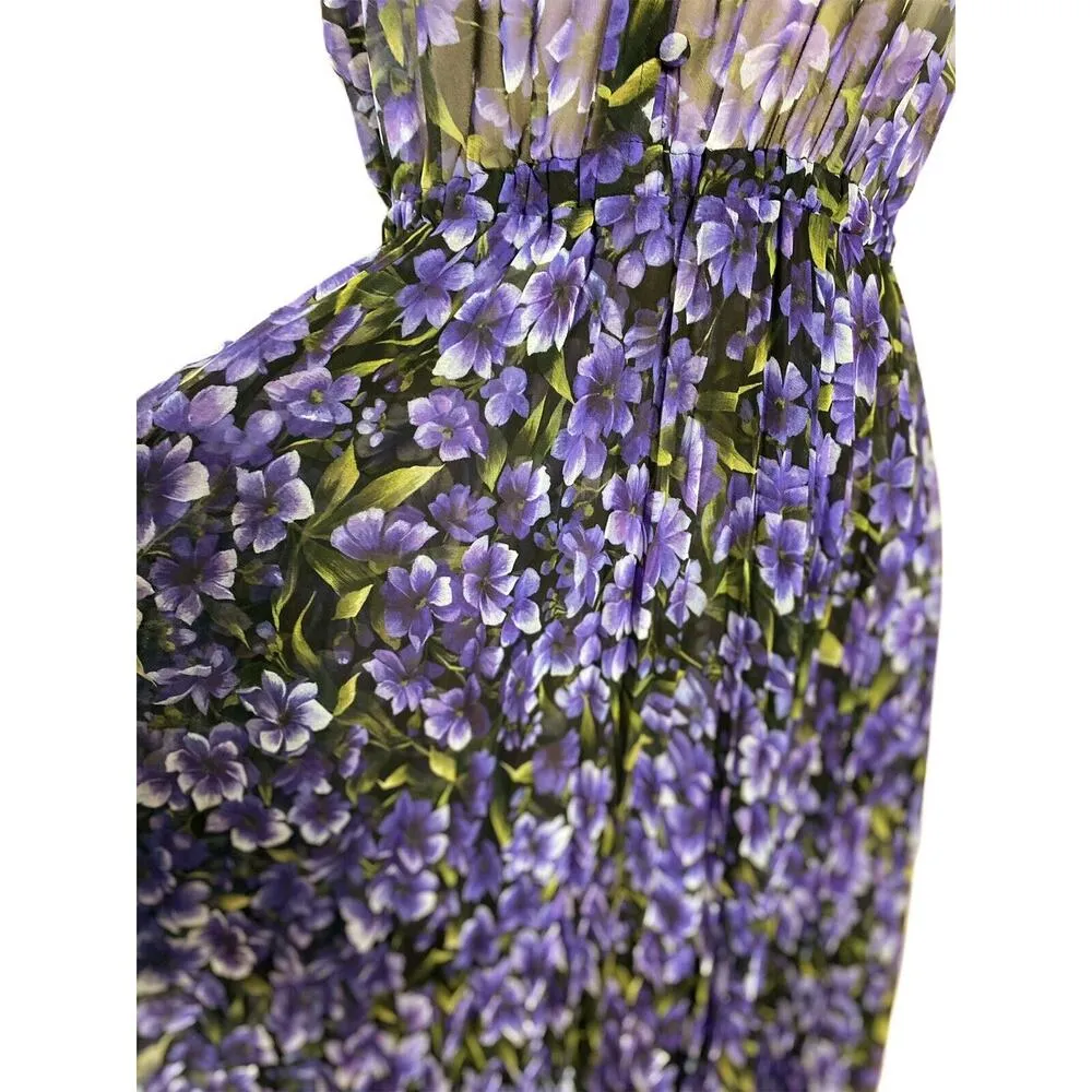 THE KOOPLES Maxi Dress Hortensia Purple Hydrangea Floral Chiffon Asymmetrical Sm - Image 9
