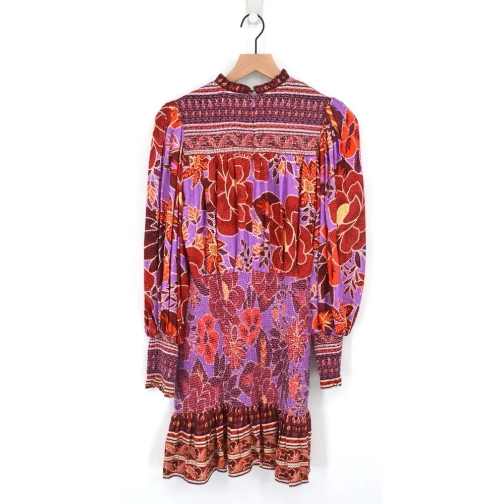 Farm Rio Sweet Floral Long Sleeve Mini Dress Smocked in Lilac Purple Red Size S - Image 5