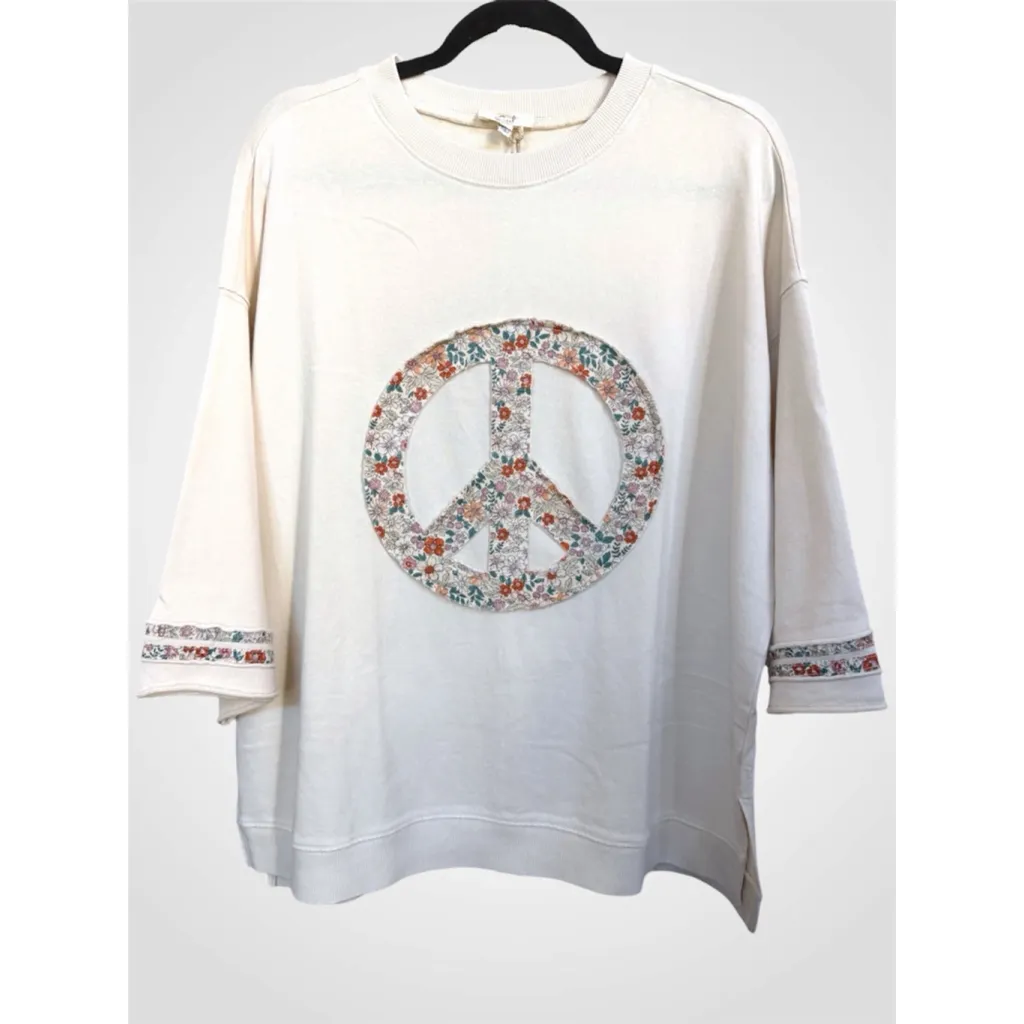 Easel Oversized Peace Patch Terry Knit Top in Oatmeal Size S - Image 3